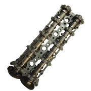 Top view of a salvaged BMW B47 camshaft carrier, complete with twin camshafts, retaining caps, and original Torx bolts secured in place.