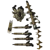Overhead view of a complete genuine used BMW B47 diesel fuel system bundle, including high pressure pump, fuel rail, four injectors with clamps and four glow plugs.
