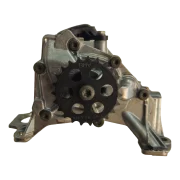 Front view of a genuine used BMW B47 engine oil pump and balance shaft assembly, showing the factory drive sprocket.