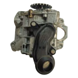 Side profile of a genuine BMW B47 oil pump showing the attached black plastic oil pickup tube and strainer assembly.