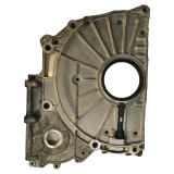 Front outside face of a genuine used BMW B47 lower timing chain cover and rear main seal housing, showing the crank seal and bolt channels.