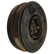 Angled side profile of a genuine used BMW crankshaft pulley, showing the auxiliary belt ribs and the solid rubber vibration damper track.