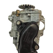 Close up of the metal housing on a BMW B47 oil pump, displaying the BMW logo, OEM SHW stamp, and part numbers 851375608 and 8513665.