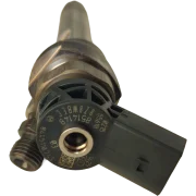 Close up of the top electrical connector on a BMW B47 fuel injector showing the genuine Bosch part number 0445110743 and BMW part number 8514148.